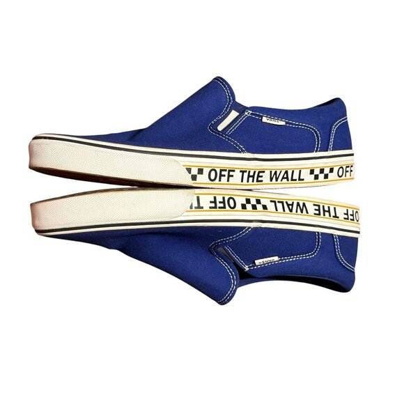 Vans Blue Slip-On Canvas Shoes With "Off The Wall" Sole Design mens size 13 - Picture 3 of 10